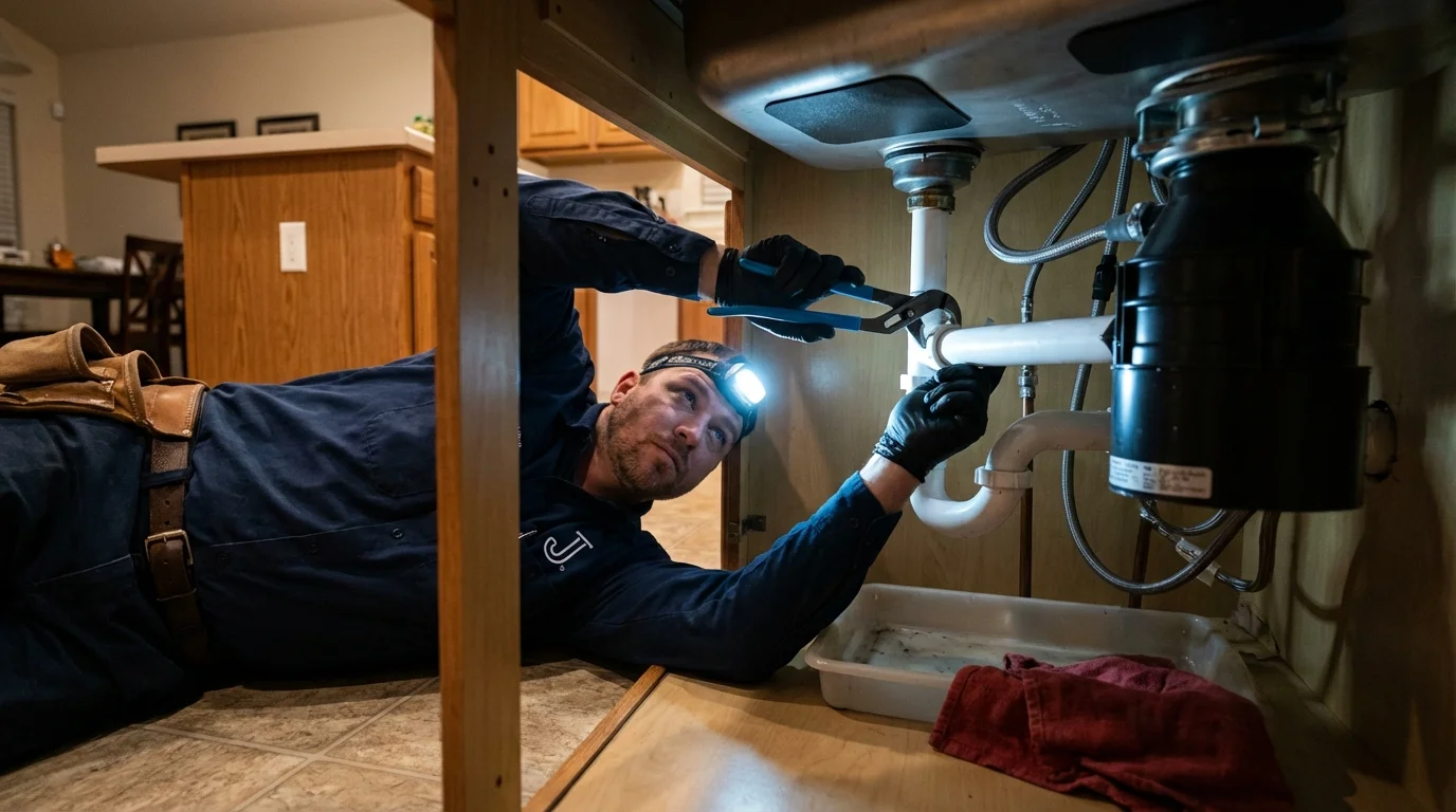 P-trap and supply line connections under a kitchen sink showing a common leak point in Grafton, WV